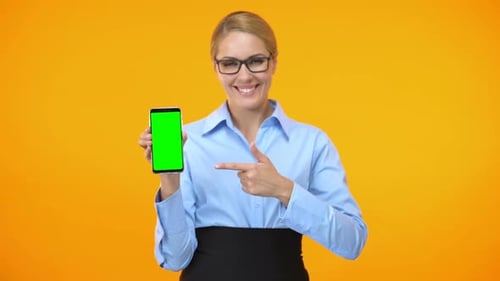 Business Female Pointing Finger Green Screen Smartphone, Online Conference App