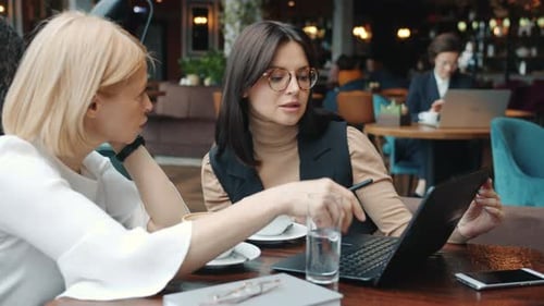 Female Business Partners Talking Pointing at Laptop Screen in Restaurant