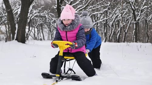 Little Boy Rides a Girl on a Sled in Winter in a Snowcovered Forest