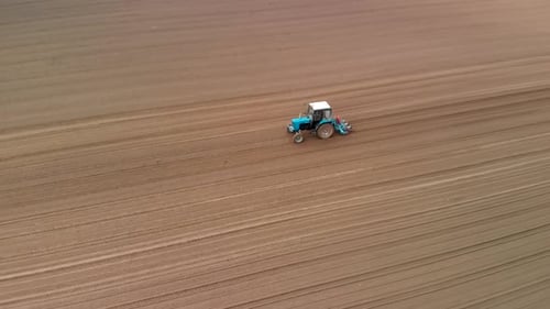 A Blue Tractor Works in the Spring Against the Background of a Huge Brown Field, with a Precise