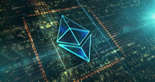 Animated Ethereum Logo on Futuristic Circuit Board Background