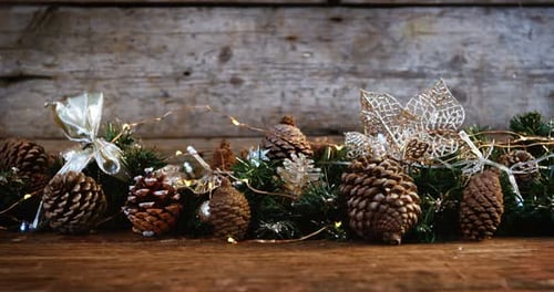 Festive Christmas Garland on Rustic Wooden Table