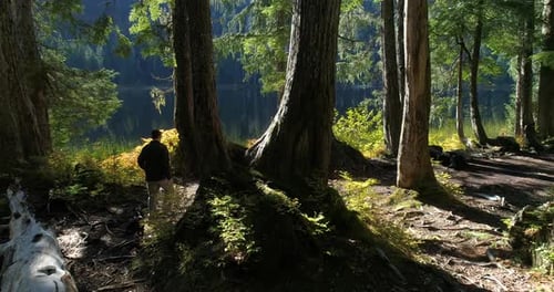 Man Walks Dog By a Reflective Lake