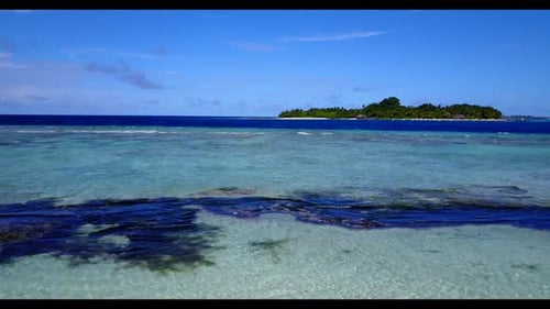 Aerial top down travel of paradise seashore beach time by blue green ocean and white sand background