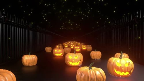 Halloween Jack-o'-Lanterns Moving Down Spooky Dark Path