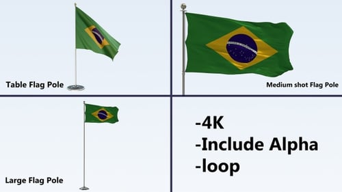 Brazilian Flag Waving Animation on Pole with Alpha