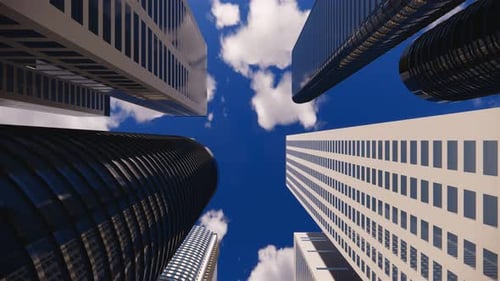 Render 3D de una ciudad brillante abstracta con rascacielos. Formas simples de edificios