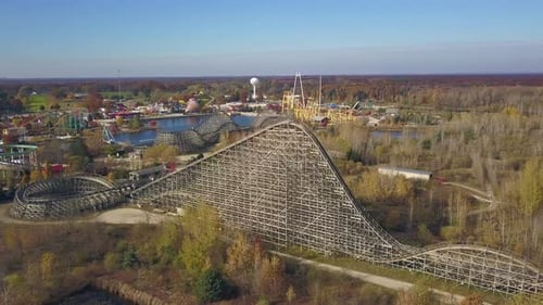 Aerial parallax of rides at closed amusement park Michigan’s Adventure