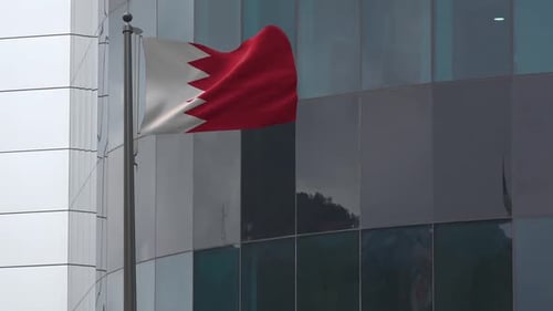 Waving Bahrain Flag Animation on Flagpole with Modern Building Background