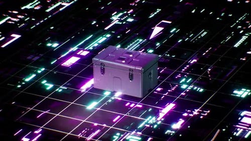 Futuristic Data Box on Digital Grid with Flowing Lines Animation
