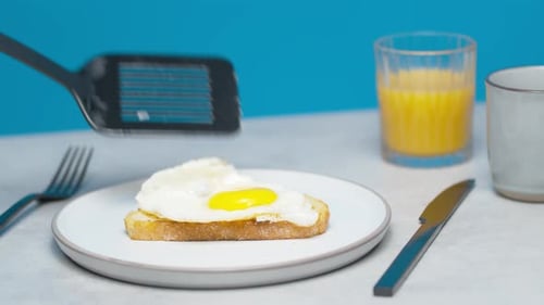 Toast and Egg on Plate with Orange Juice