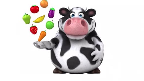 Funny 3D Cartoon Cow Character with Healthy Fruits and Vegetables