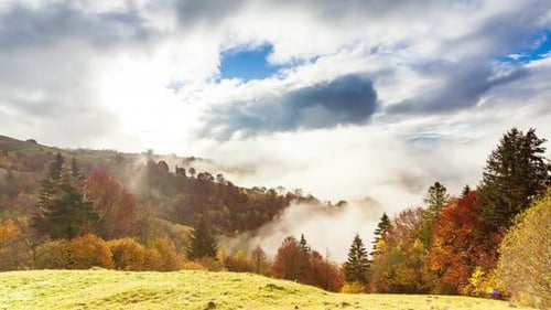 Autumn Mountain Vista with Fog and Colorful Trees