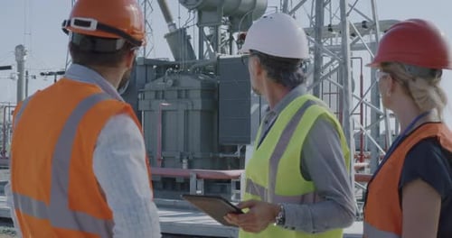 Engineers Discussing Project at Industrial Site with Tablet