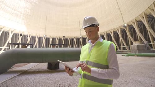 Engineer working with tablet at natural gas combined cycle power plant.
