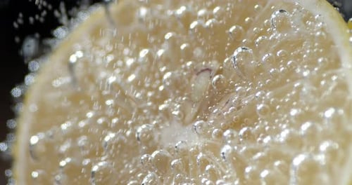 Lemon Slice in Bubbling Water, Close Up
