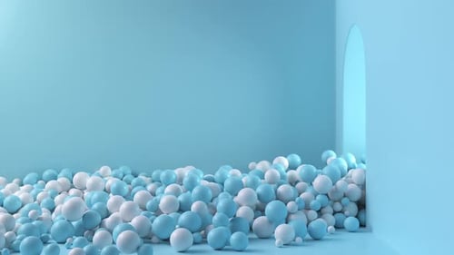 Blaue und weiße Kugeln strömen aus der offenen Tür in eine große helle Raumanimation