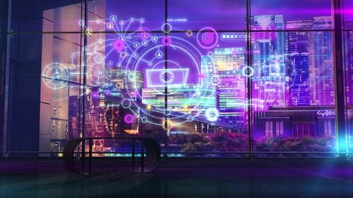Futuristic Digital Interface Animation Over Neon Cityscape