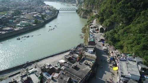 City of Uttarkashi in the state of Uttarakhand in India seen from the sky