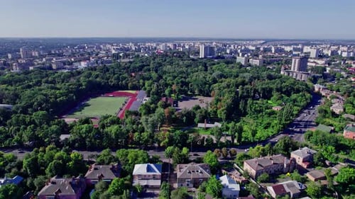 Aerial City View with a Small Football Stadium