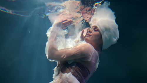 Dreamy Underwater Shot with Sea Fairy Lady in Clear Blue Water of Magical Ocean or Lake