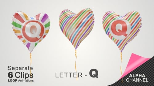 Animated Heart Balloons with Letter Q and Colorful Stripes