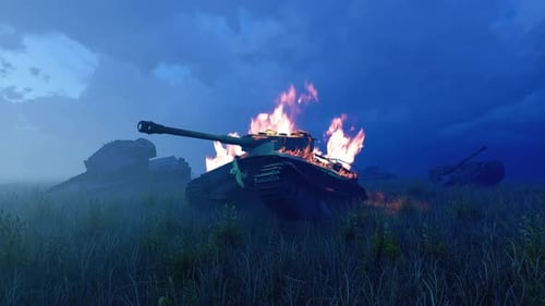 Burning Tank in Twilight Battlefield