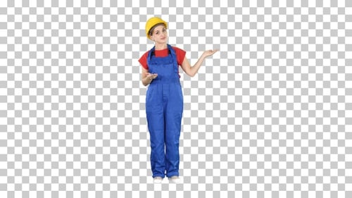 Mature engineer woman presenting a product pointing to