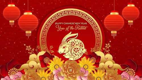 Happy Chinese New Year Year of the Dragon with Golden Dragon and Paper Flowers