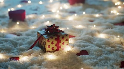 Gifts and Hearts on Fluffy Carpet with Lights