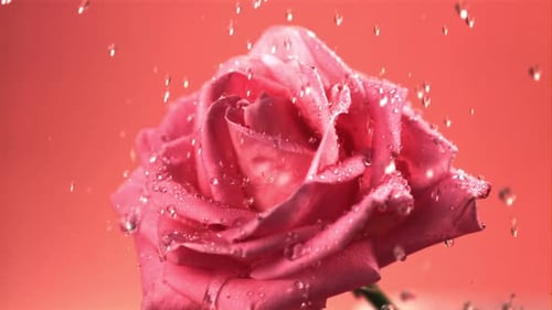 Super Slow Motion Water Falls on the Fragrant Rose Flower