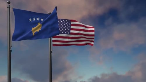 Kosovo and USA Flags Waving in Wind