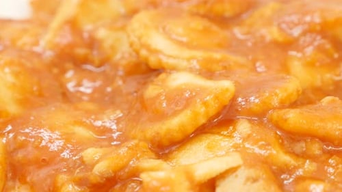 Ravioli filled with meat between two layers of pasta dough close-up 4K 2160p 30fps UltraHD tilting v