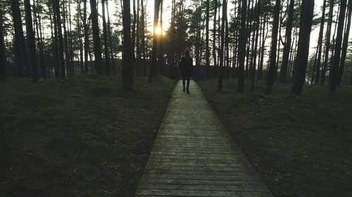 Einsames Mädchen auf Holzweg im Wald