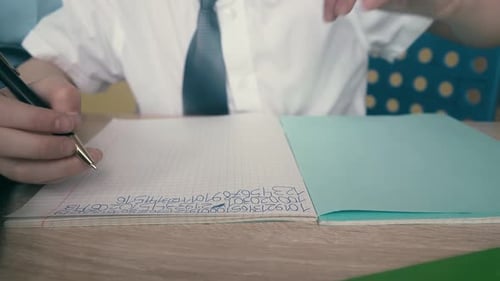 Crianças em idade escolar fazem o dever de casa, escrevem números em cadernos, Ajuda umas às outras.