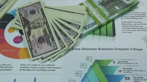 Stacks of Currency on Business Financial Charts