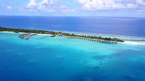 Aerial drone nature of exotic lagoon beach break by water with sand background