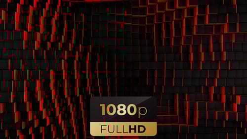Dynamic Black Cube Wall with Pulsing Red Grid