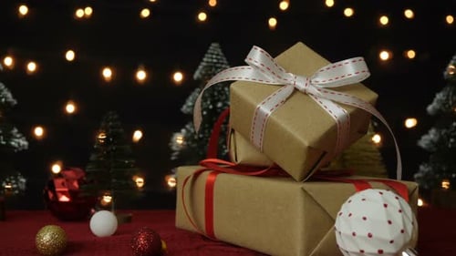 Christmas Gift Pile with Miniature Trees and Lights