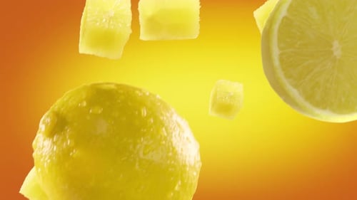 Falling Lemon and Lime Slices with Pineapple Cubes Animation