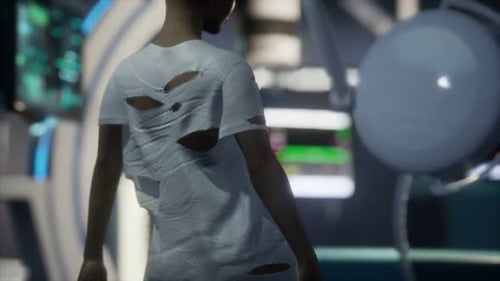 Futuristic Scene with Figure in Damaged Clothes in Advanced Lab