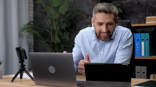 Excited Man Stock Trader Winner Looks Laptop Celebrating Good Stock Market Deal