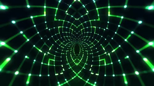 Seamless Loop of Glowing Green Geometric Grid Abstract Tunnel
