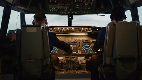 Captain and Copilot Throttling Engine Handle to Fly Airplane