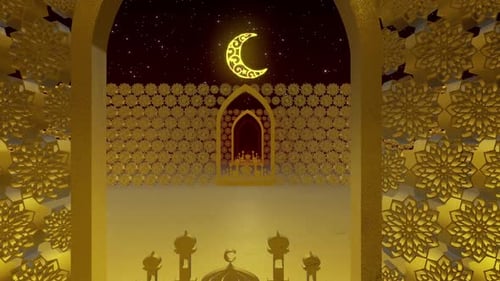 Golden Archway Ramadan Celebration with Crescent Moon Animation