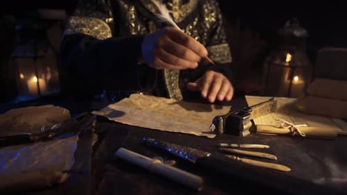 Man Writes with Quill Pen by Candlelight