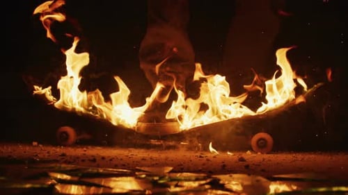 Burning Skateboard with Shoe Close Up