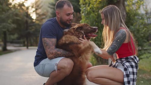 Close Up of Young Couple Petting Their Dog While Having a Walk in Park