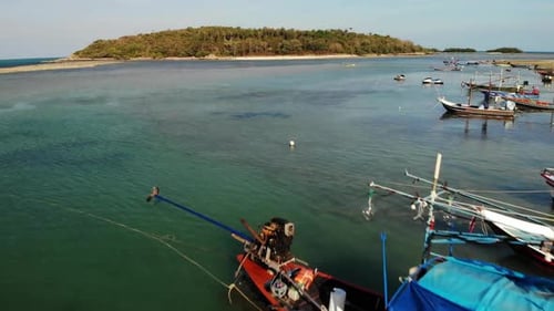 Fishing Boats Near Shore. Various Colorful Fishing Boats Floating Near Coast on Sea Water