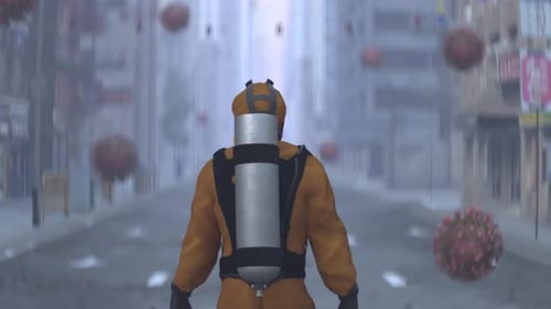 A Man in a Biohazard Suit Walks Around the City with a Flying Coronavirus